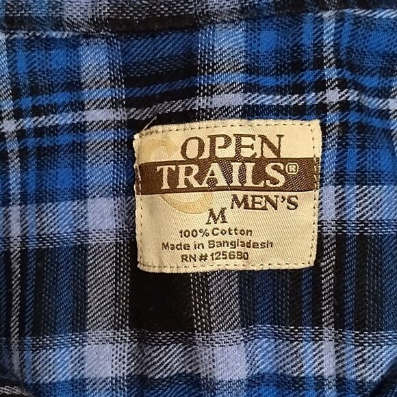 Open Trails Plaid Flannel Button Down Shirt Blue Black Mens Sz M - Picture 3 of 3
